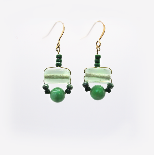 Handmade  1940's earrings  oblong glass with green Chalcedony.
