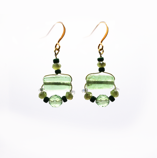 Handmade with 1940's earrings with glass oblong beads and pillow cut opaque glass.