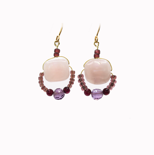 Handmade real Rose Quartz garnet earrings and small vintage glass beads.