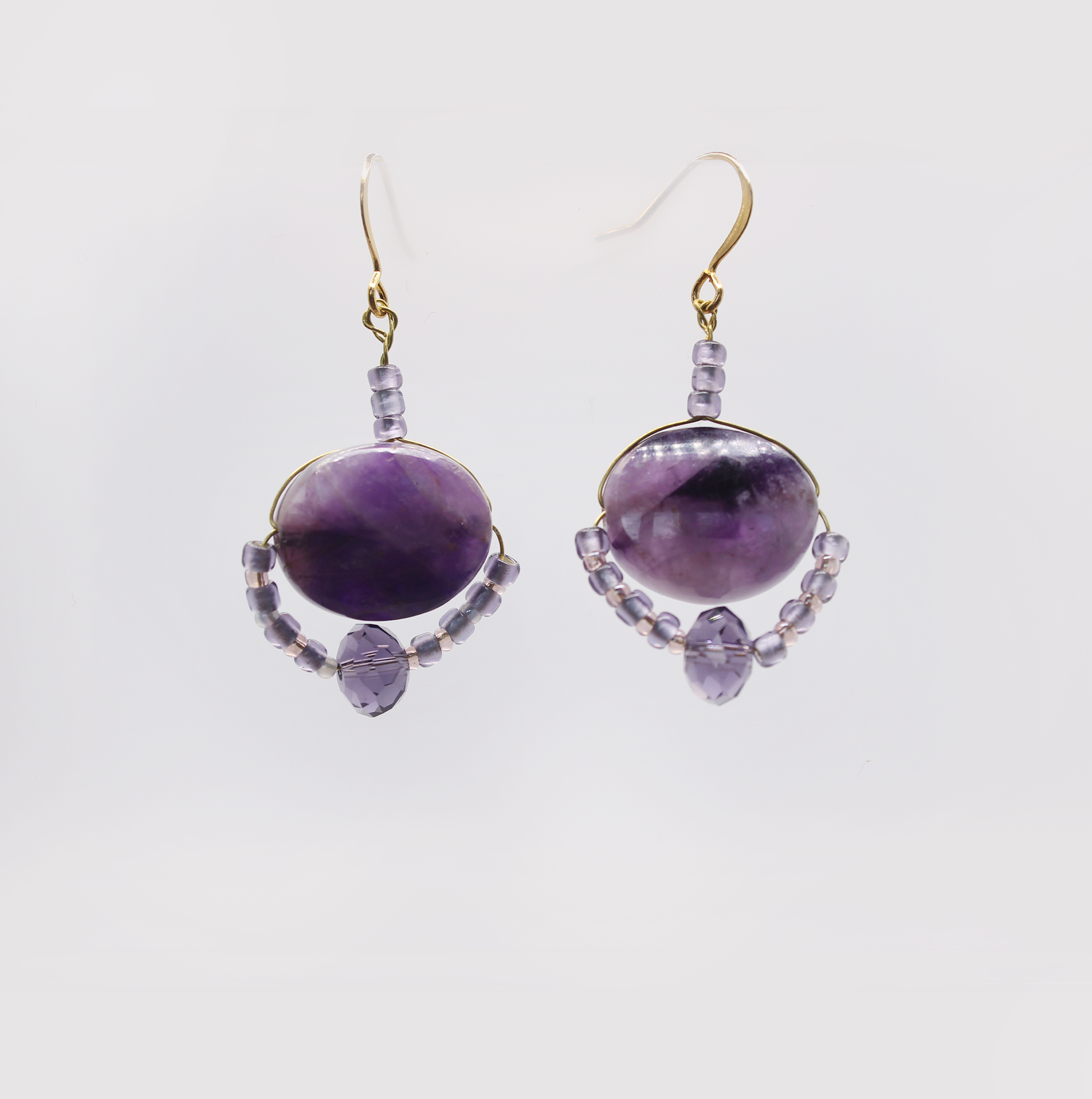 Handmade purple amethyst earrings, 18 carat gold plated. 