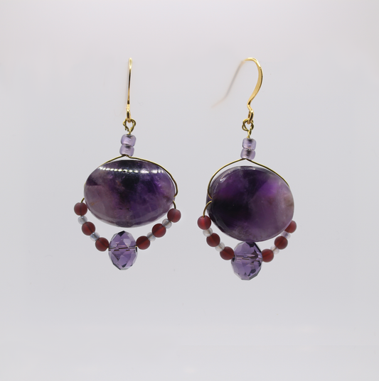 Handmade Amethyst earrings, vintage violet pillow cut glass and tiny Rose Quartz beads