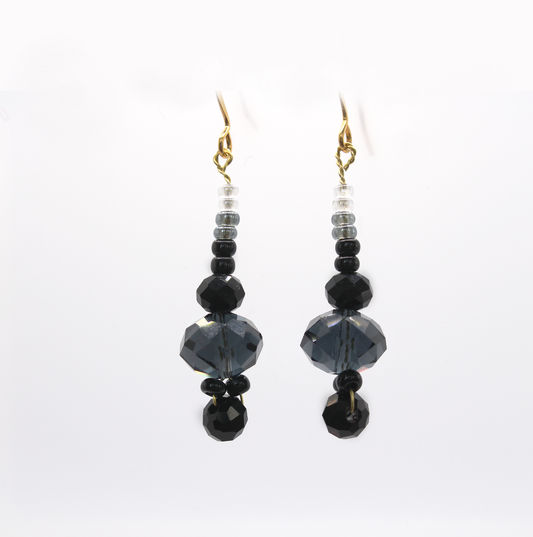 Handmade with vintage slate blue and jet black crystal earrings , 18carat gold plated.